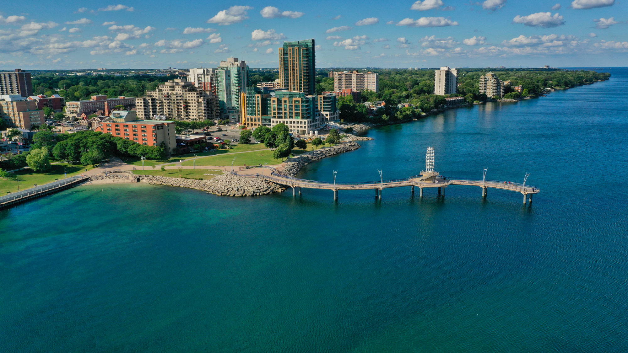 Aerial drone view of the Burlington waterfront and the Spencer Smith Park pier