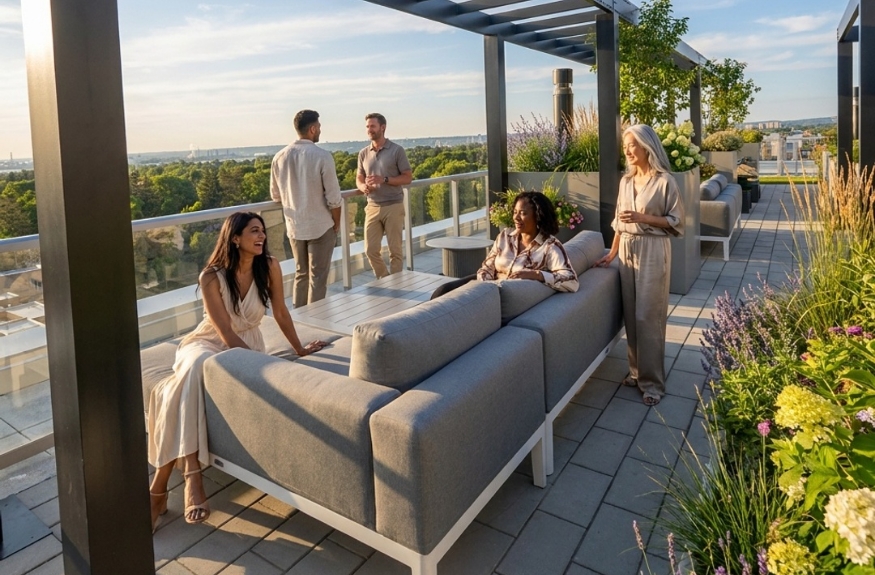 The finished Rooftop Skyview Terrace at Northshore with outdoor seating